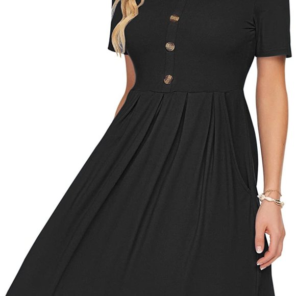 Black Women's Short Sleeve Pleated Loose Swing Casual Dress S